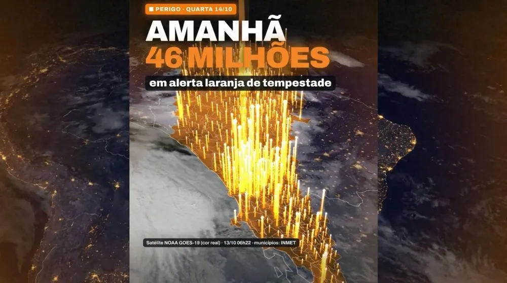 Tempestade põe 46 milhões de brasileiros em alerta laranja nesta quarta (14)